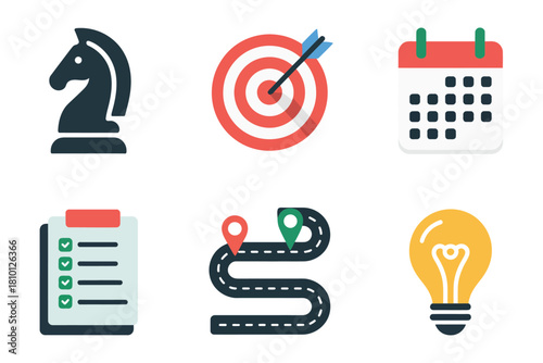 Corporate planning icons, chess knight piece, arrows target, calendar, checklist paper, roadmap path, inspiration bulb, clean vector collection