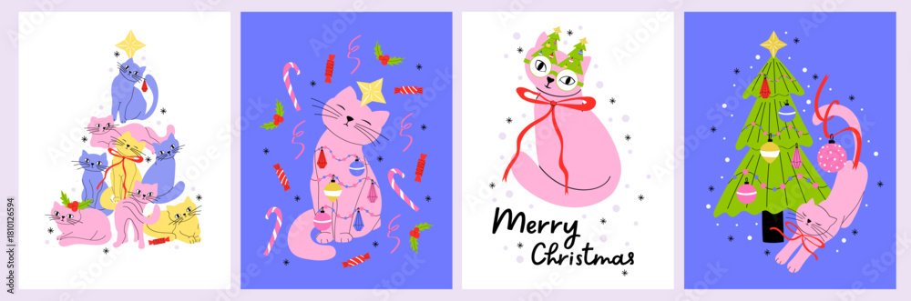 Fototapeta premium Cute Christmas Cat Greeting Cards – Hand-Drawn Holiday Kitty Illustrations, Winter Snow Backgrounds, Modern Pastel Xmas Card Set