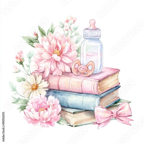 Decorative arrangement of baby items, books, and flowers on a soft background for nursery decor or baby shower theme