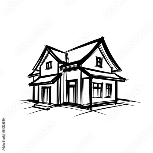 Stylized house illustration in black on white background representing home and architecture