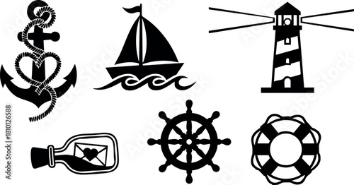 Nautical marine icons anchor sailboat lighthouse ship wheel lifesaver bottle vector illustration