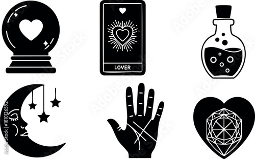 Mystic fortune telling icons heart love palm reading magic symbols vector illustration