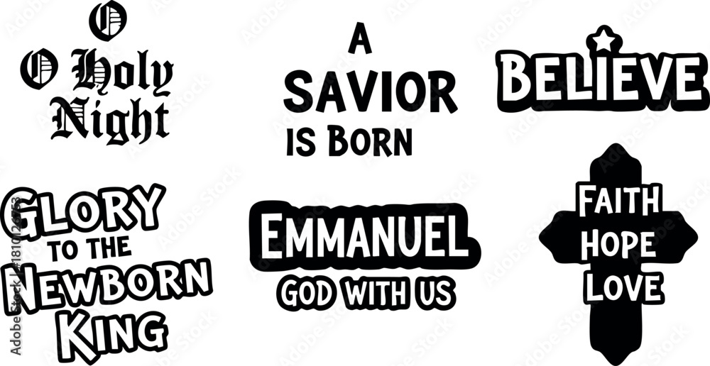 Obraz premium Christmas religious typography set with faith hope love cross and newborn king phrases vector illustration