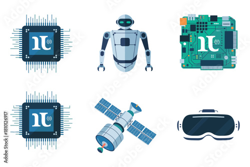 Technology innovation pack, microchip processors, humanoid robot, circuit boards, communication satellite, virtual reality headset, modern engineering vector