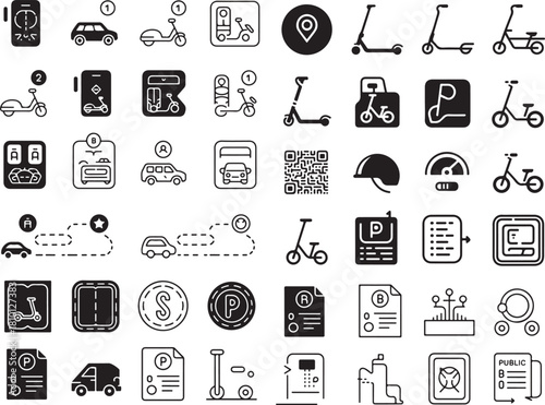 Urban mobility icon set. Containing electric scooters, rental apps, parking zones, gps navigation, shared transport, electric cars, qr codes, speedometers, helmets and more