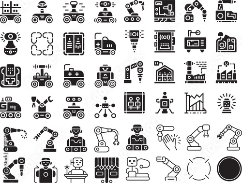 Robotics automation icon set. Containing industrial arms, delivery bots, ai androids, factory machinery, automated manufacturing, smart assistants, mechanical gear, future tech and more
