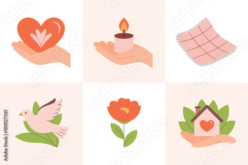 Kindness and wellness icons grid, giving hands with heart, candle flame, leaf sprout, blooming flower, nature care vector