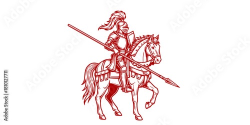 Knight Riding Horse with Spear Logo. Vintage Black & White Outline Line Art Drawing. Medieval, Heraldry, & Fantasy Emblem Vector.
