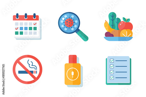 Wellness planning icons, monthly calendar, virus search magnifier, fresh vegetables, quit smoking badge, sunscreen bottle, checklist form vector