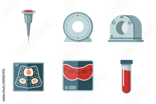 Medical imaging and lab diagnostics icons set, micropipette tool, ct mri scanners, x ray panels, blood tube