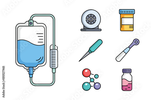 Intravenous therapy icons, infusion bag, laboratory petri dish, pill container, dropper, syringe needle, molecule network, clinical research vector