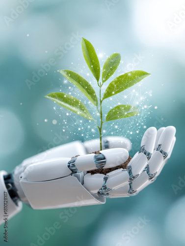 Robotic hand nurturing a young plant in vibrant green surroundings as a symbol of technology and nature coexistence