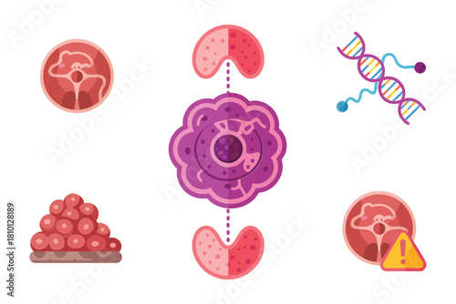 Oncology and organ health icons set, tumor cell diagram, kidneys pair, dna strand, red cells, caution marker