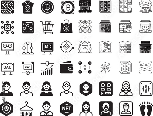 NFT and metaverse icon set. Containing crypto art, digital assets, blockchain wallets, virtual avatars, bitcoin currency, decentralized web, token mining, smart contracts and more