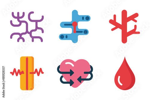 Cardiovascular anatomy icons, arteries, veins, capillaries, pulse waveform, heart brain connection, human circulation education graphics, medical vector