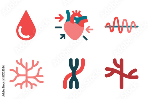 Circulatory system symbols, blood drop, beating heart, waveform line, neurons, alveoli branches, biomedical study infographic vector, science pack