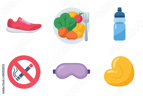 Daily health routine icons, running shoe, nutritious meal, hydration bottle, no smoking badge, sleeping mask, healthy organ, wellbeing vector