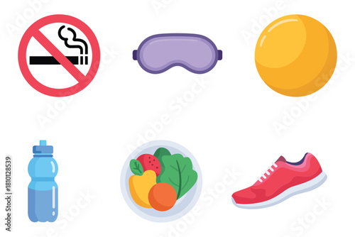 Healthy habits icon set, no smoking badge, sleep mask, sunrise, water bottle, balanced plate, running shoe, lifestyle vector
