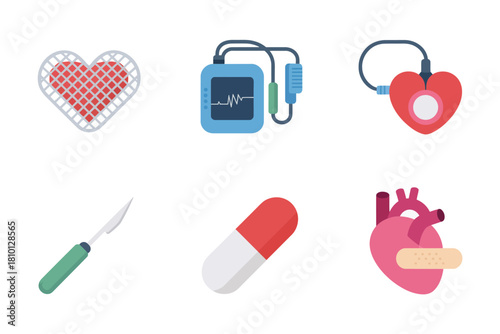 Cardiology tools and symbols set, wearable heart monitor, defibrillator device, ear sensor, scalpel, capsule medicine, adhesive bandage