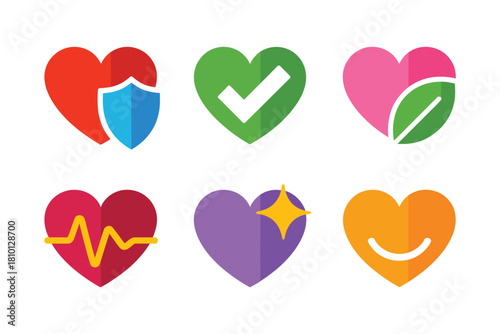 Heart wellness icons set, protection shield, green check, eco leaf, heartbeat pulse, star sparkle, smile symbol vector
