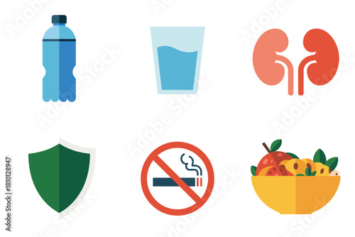 Kidney care grid, water bottle, drinking glass, paired kidneys, protective shield, quit smoking badge, nutritious salad bowl