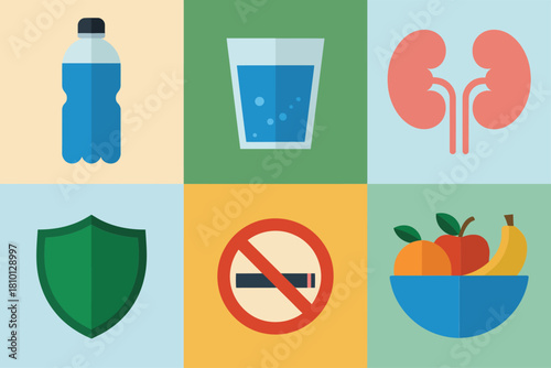 Health icons collage, water bottle, hydration glass, kidney pair, green shield, stop smoking symbol, colorful fruit bowl