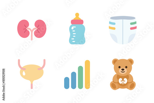 Baby care urology set, kidneys icon, milk bottle, soft diaper, bladder symbol, progress chart, friendly teddy character