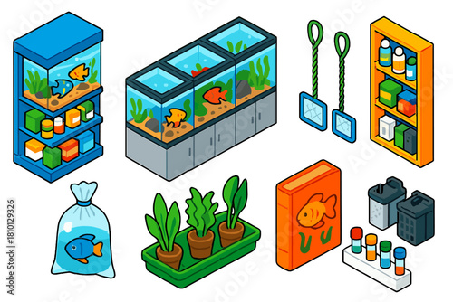 Aquarium Shop Display. Isometric vector illustration set Aquarium life – aquarium shop display, tank row, product shelf; fish bag,