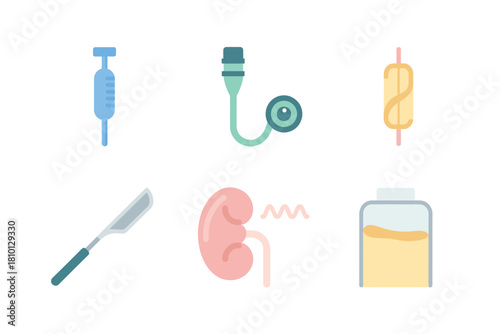 Urology equipment icons, syringe injector, irrigation tube, drainage bag, kidney organ, specimen jar, surgical scalpel, medical supplies