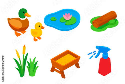Farm Animals Icons. Isometric vector illustration set Farm animals – duck, duckling, pond; water lily, floating log, vegetation;