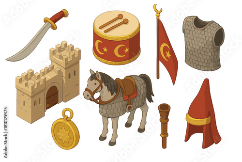 Ottoman Warfare Artifacts. Isometric vector illustration set of Historical warfare: Ottoman curved saber, sultan’s war drum,