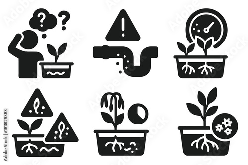Hydroponics Troubleshooting Icons. Line style icons of Hydroponics: troubleshooting icon, clogged pipe warning, nutrient lockout