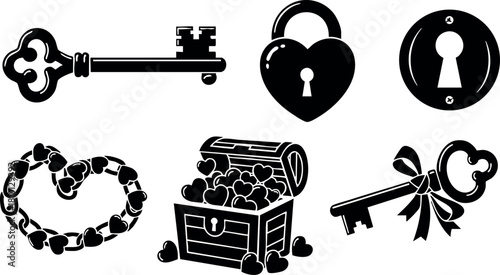 Vintage keys and lock icons collection with treasure chest and chain design vector illustration