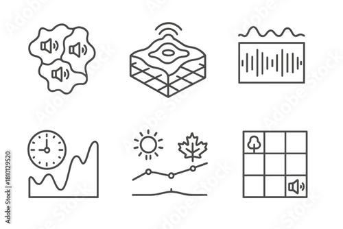 Soundscape Mapping Icons. Line style icons of soundscape mapping: regional audio zones, 3D sound layer map, spectrogram panorama,