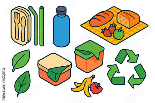 Eco-Friendly Picnic Essentials. Isometric vector illustration set Ethical shopping – biodegradable cutlery set, bamboo straw,