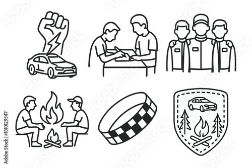 Rally Culture Icons. Line style icons of rally culture and lifestyle: rally tattoo icon, autograph session, team group photo,