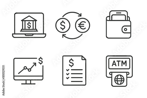 Financial Icons Collection. Line style icons of financial life: online banking icon, currency exchange sign, digital wallet app,