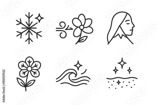 Cryo Beauty Metaphors. Line style icons of visual metaphors for cryo beauty: snowflake with sparkle, cold breeze and bloom, face