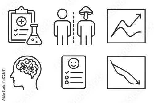 Psychedelic Therapy Icons. Line style icons of psychedelic therapy research: clinical trial icon, placebo vs active group, therapy