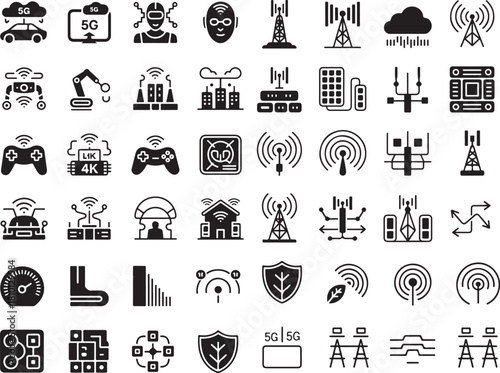 5G technology icon set. Containing telecommunication towers, high speed signals, wireless antennas, network connectivity, autonomous vehicles, smart city internet, mobile data and more