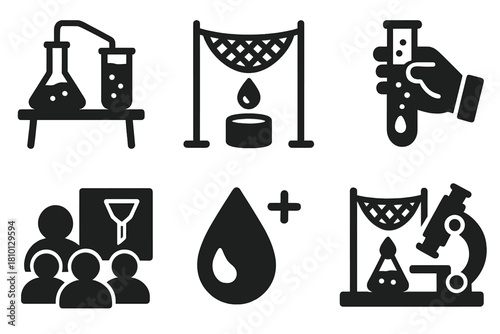 Innovative Research Icons. Solid style icons of research and innovation: lab with dew rig, fog collection prototype, water quality