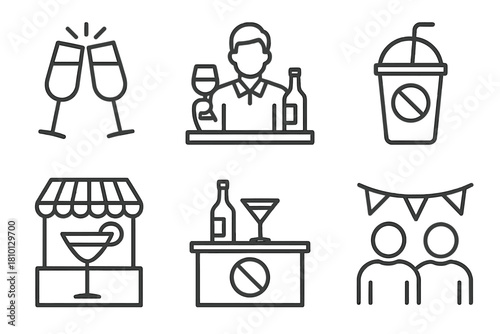 Event Icons Collection. Line style icons of event use: wedding toast icon, workplace drink hour, alcohol-free festival cup,