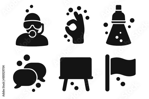 Underwater Coaching Icons. Solid style icons of coaching and signals: underwater coach icon, dive gesture badge, board advice