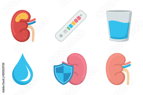 Urology diagnostics pack, kidney organ symbols, urine test strip, sample cup, water droplet, shield protection icon, vector