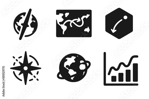 Magnetic Pole Shift. Solid style icons of Earth’s magnetic pole shifts: shifting axis icon, pole drift map, historical pole