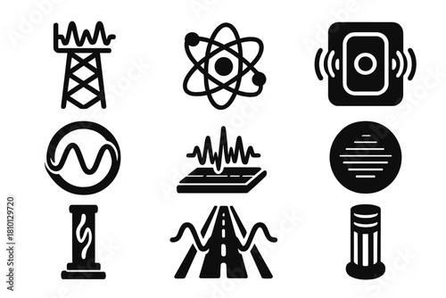 Sound Installation Icons. Solid style icons of sound and vibration installations: frequency mesh tower, audio quantum loop,