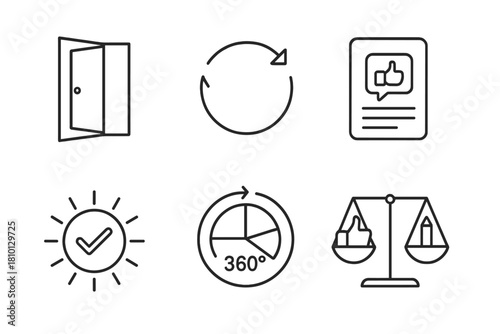 Feedback Icons Collection. Line style icons of feedback-rich environments: open feedback door, continuous feedback loop, feedback