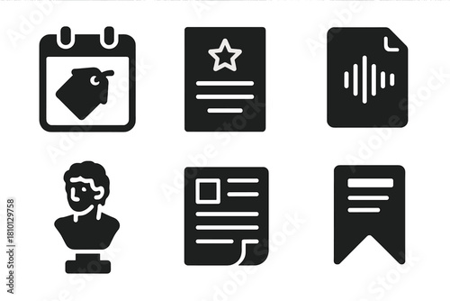 Time Capsule Icons. Line style icons of Time Capsule Curation: calendar year tag, event flyer, voice memo file, mini sculpture,