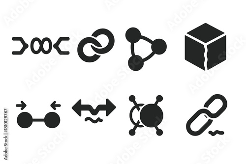 Quantum Entanglement Icons. Solid style icons of entanglement displays: linked particle beams, twin-node sculpture, connected