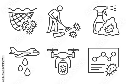 Global Cleanup Icons. Line style icons of global cleanup concepts: bacteria-based ocean net, beach cleanup with microbes, landfill
